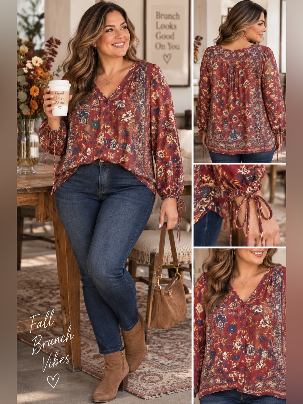 Women's Boho V-Neck Floral Blouse - Rust